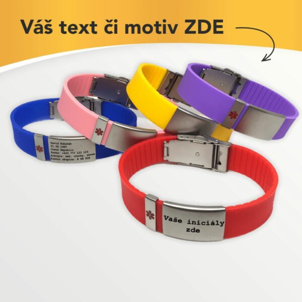 Luxusní silikonový Body ID náramek s barevnými pásky a vaším textem
